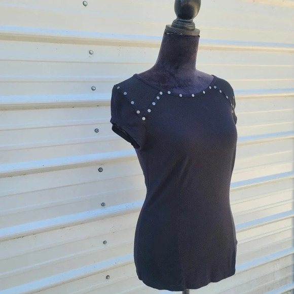 Rock & Republic Studded Womens S Scoop Neck Shirt Black Mesh Inserts - Picture 10 of 10